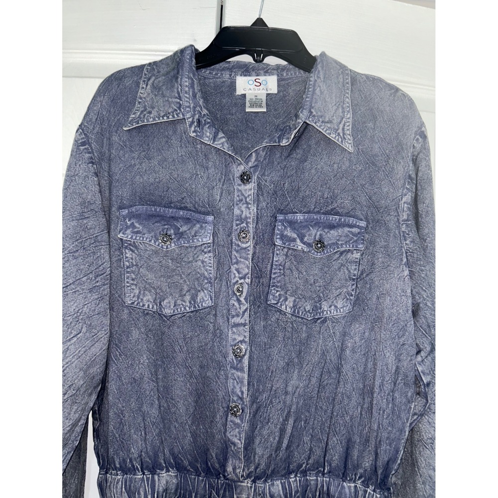 OSO Casuals Blue Acid Wash Rayon Button Front Utility Jumpsuit Medium